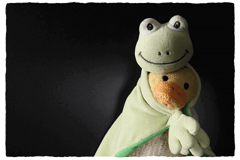 Missbrauch verhindern: Frosch-Motiv. Frosch umarmt Küken.